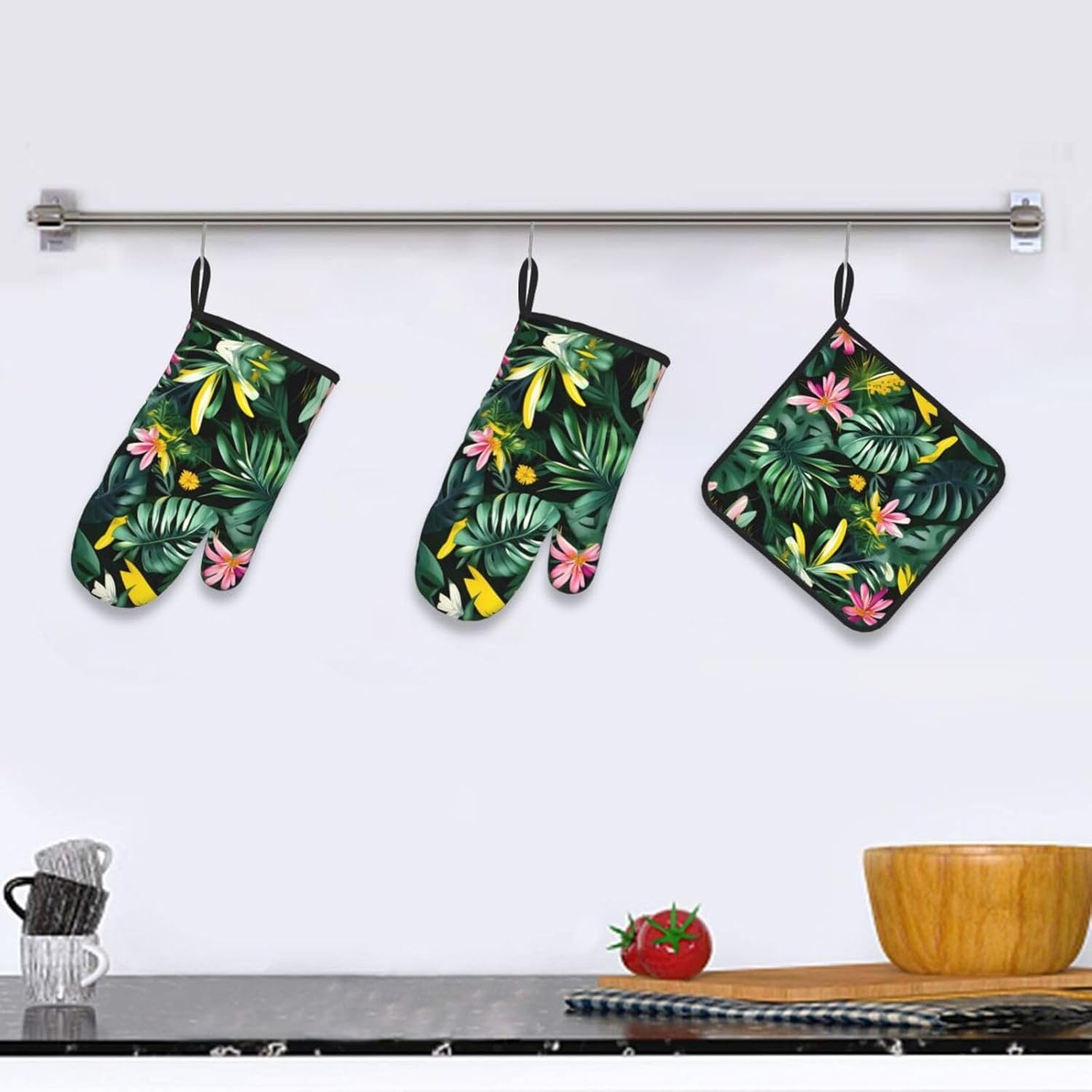Tropical Leaves with Flowers Print Heat Resistant Microwave Gloves, Used for Baking, Cooking, and Fashion Kitchen Essentials