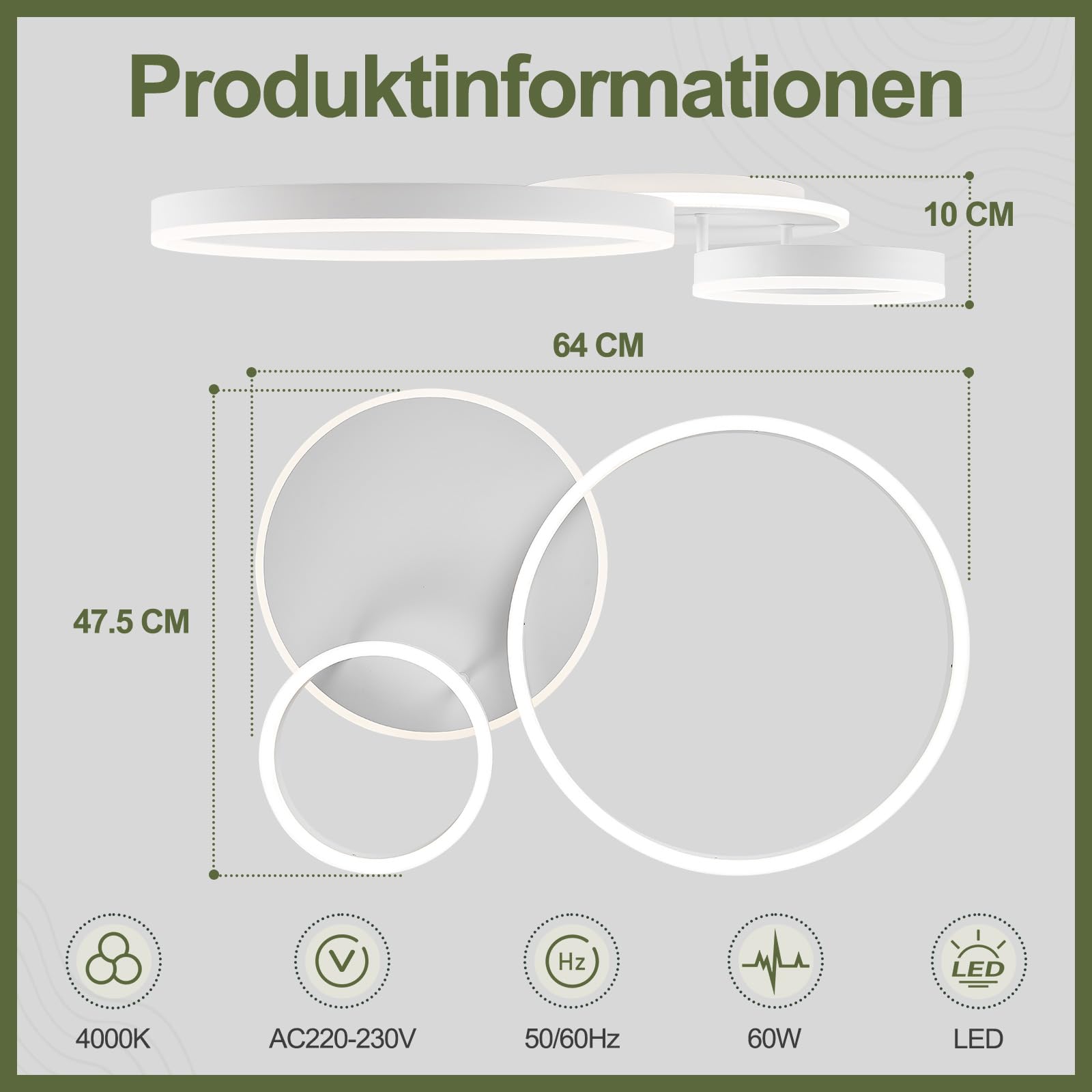 Qamra 64cm LED Deckenlampe,2 Ringe Design 60W,4000K Neutralweiß,Moderne Weiße Deckenleuchte aus Metall und Acryl für Wohnzimmer,Schlafzimmer,Esszimmer,Büro