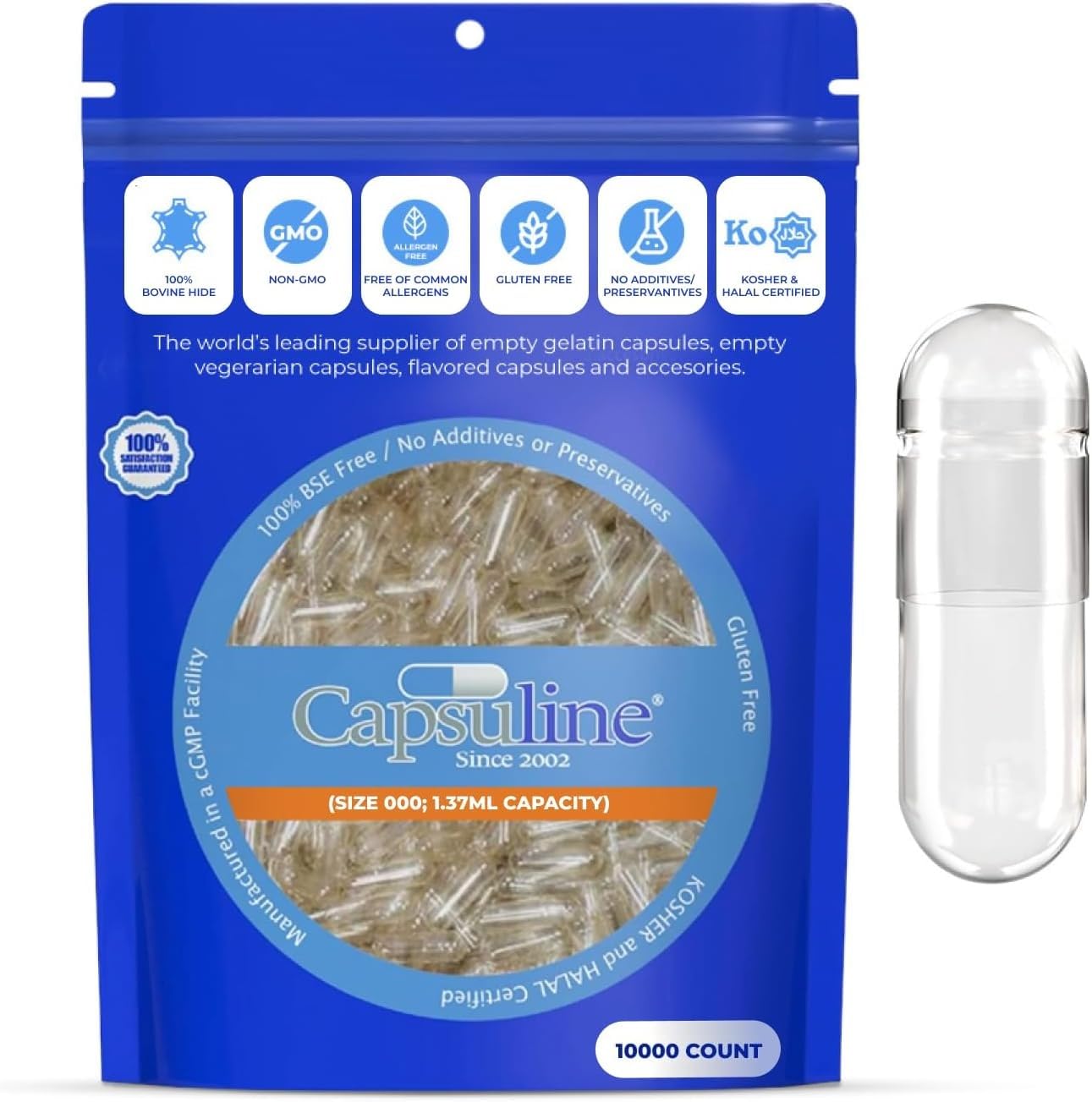 Capsuline|Gelatine Leerkapseln Größe 000|Transparent - 10000 Stück - Hergestellt in Nord- & Südamerika - Kosher & Halal Certified - Pill Capsules - 10000