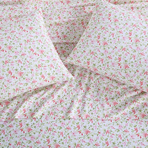 Image of Laura Ashley - Twin XL Sheet Set, Crisp Cotton Percale Bedding with Matching Pillowcase, Fully Elastic Fitted Sheet, Deep Pocket, Floral Room Decor, Breathable All-Season Comfort (Norella Pink)