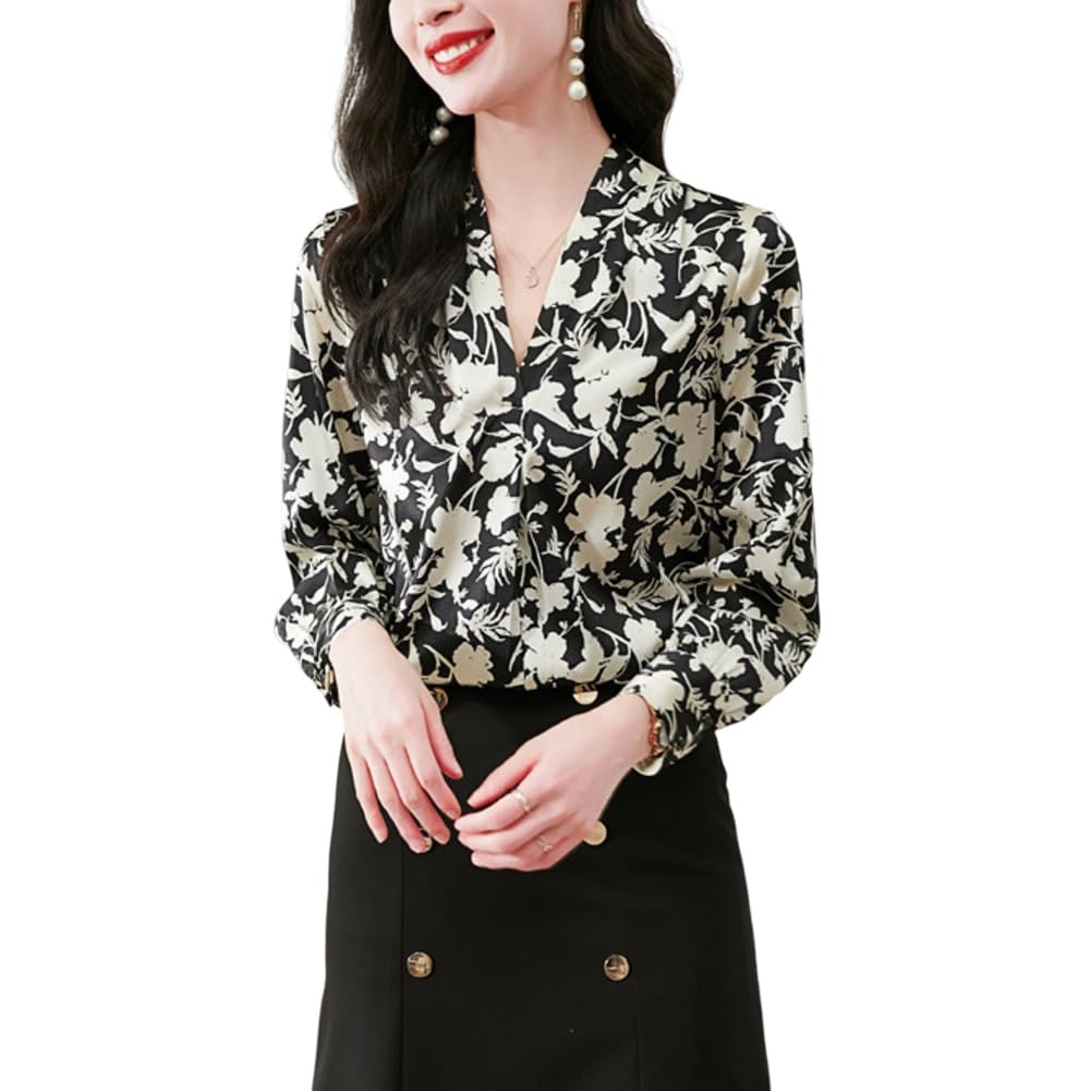 DISSA Blusa de seda para mujer, cuello en V, blusa de manga larga, camisa de seda, camiseta de flores, S3623