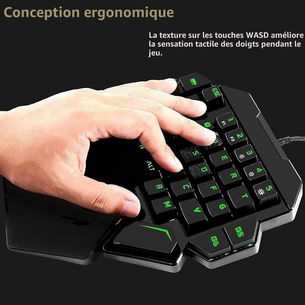 Clavier de jeu mécanique RVB à une main, rétroéclairé coloré, repose-poignet, clavier mécanique professionnel filaire USB à une main pour jeu