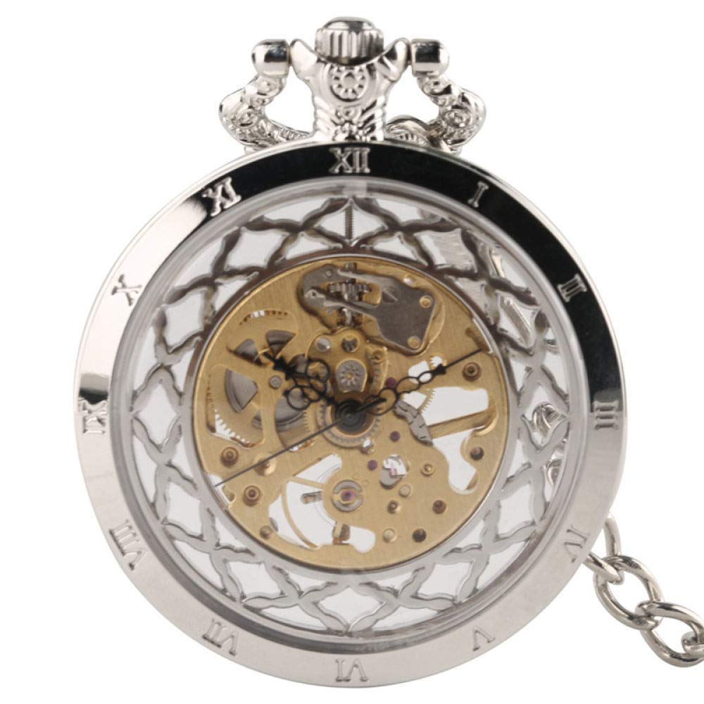 Reloj de bolsillo mecánico con esfera esqueleto plateada y cadena de eslabones retro