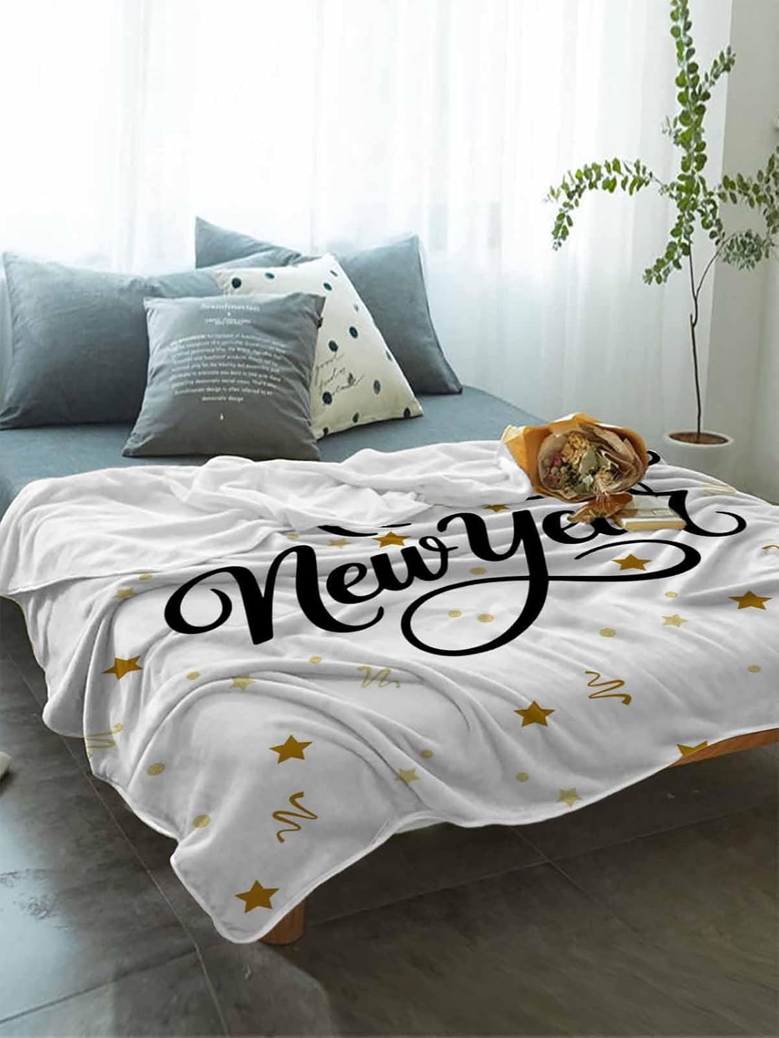 Happy New Year Fleece Throw Blanket for Couch, Stars Line Lightweight Cozy Soft Blanket All Seasons Use Fuzzy Blanket for Living Room Bedroom 60 x 80 Inch