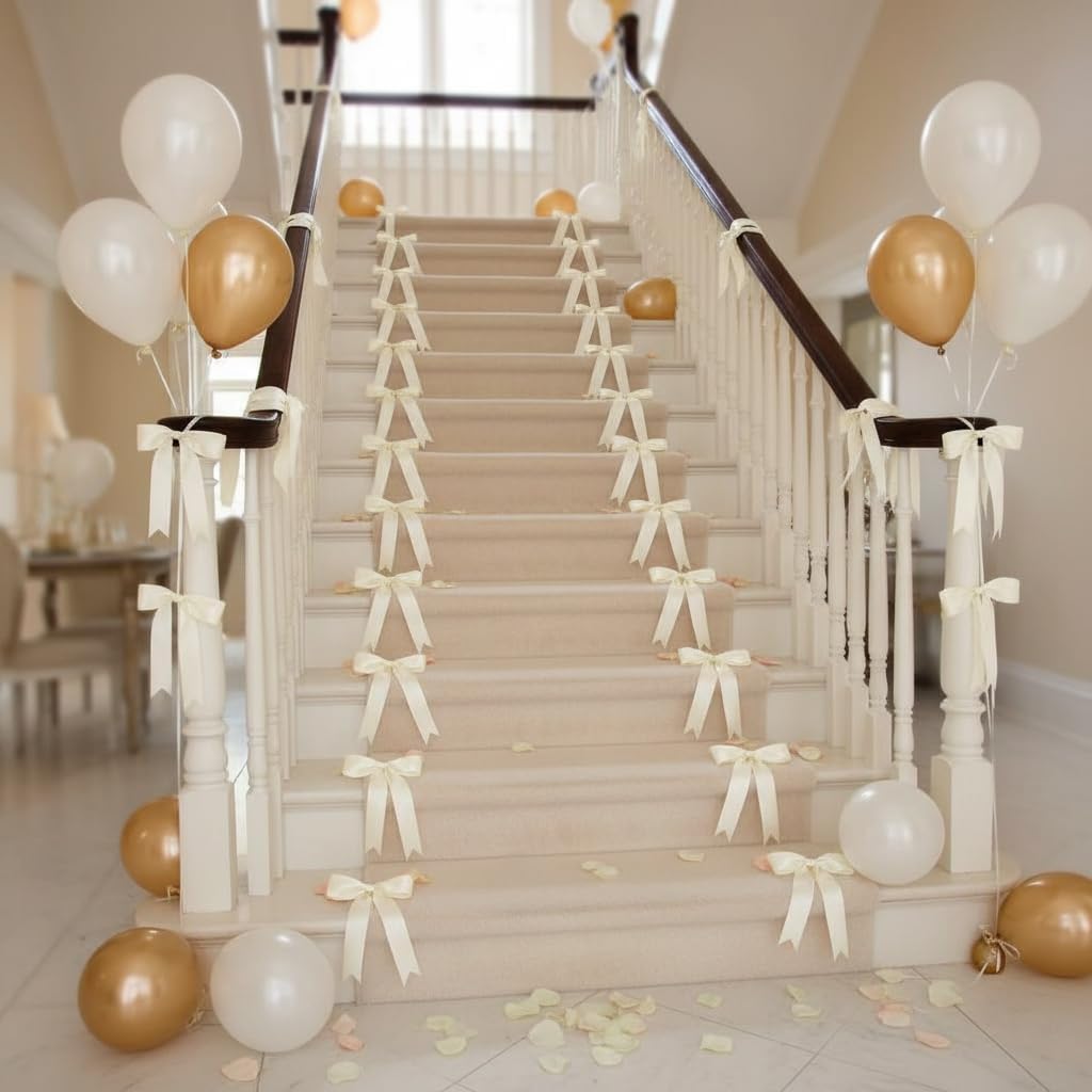 Bow Garland Banner - 10Pcs Pre-Strung Satin Bows for Baby Shower, Birthday, Bridal Shower, Wedding Party Decorations (Beige)