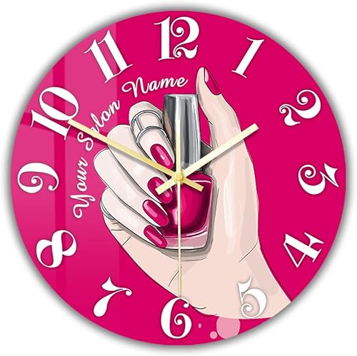 Reloj de pared de salón de uñas de 12 pulgadas, nombre personalizado, regalo de técnico de uñas, reloj de pared silencioso sin tictac, funciona con