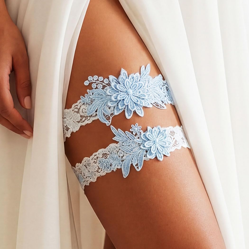 Bridal Wedding Garter Blue Lace Floral Garters Stretch Leg Garter Set Bridal Accessories for Women