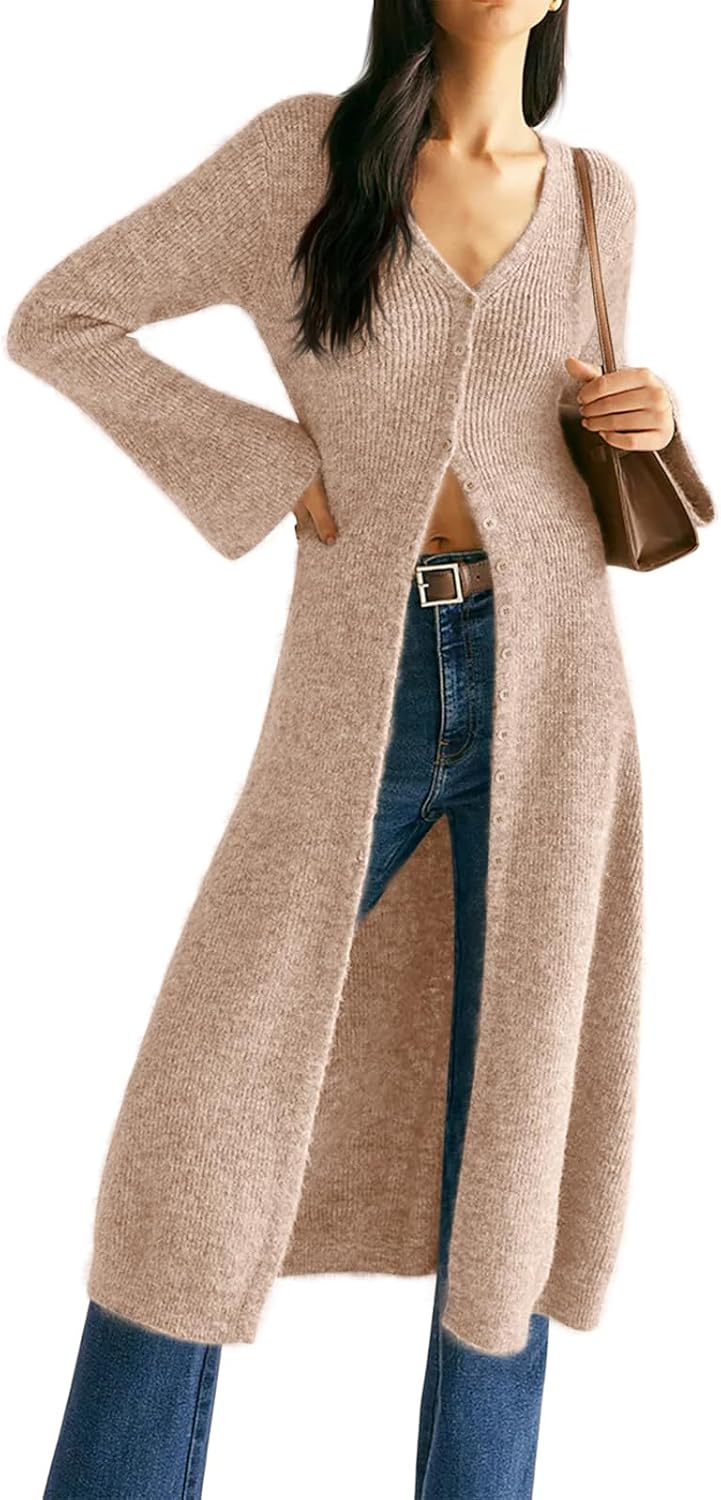 Womens V-Neck Button Maxi Cardigan Bell Long Sleeve Open Front Split Breasted Sweater Dress - Image 2