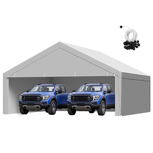 VEVOR Carport Replacement Canopy Cover, 20 x 20 ft Potable Garage Tent Top Tarp with Sidewalls, UV-Resistant & Waterproof, Heavy Duty Car Shelter Tarp with Ball Buggees, Grey, Frame Not Included
