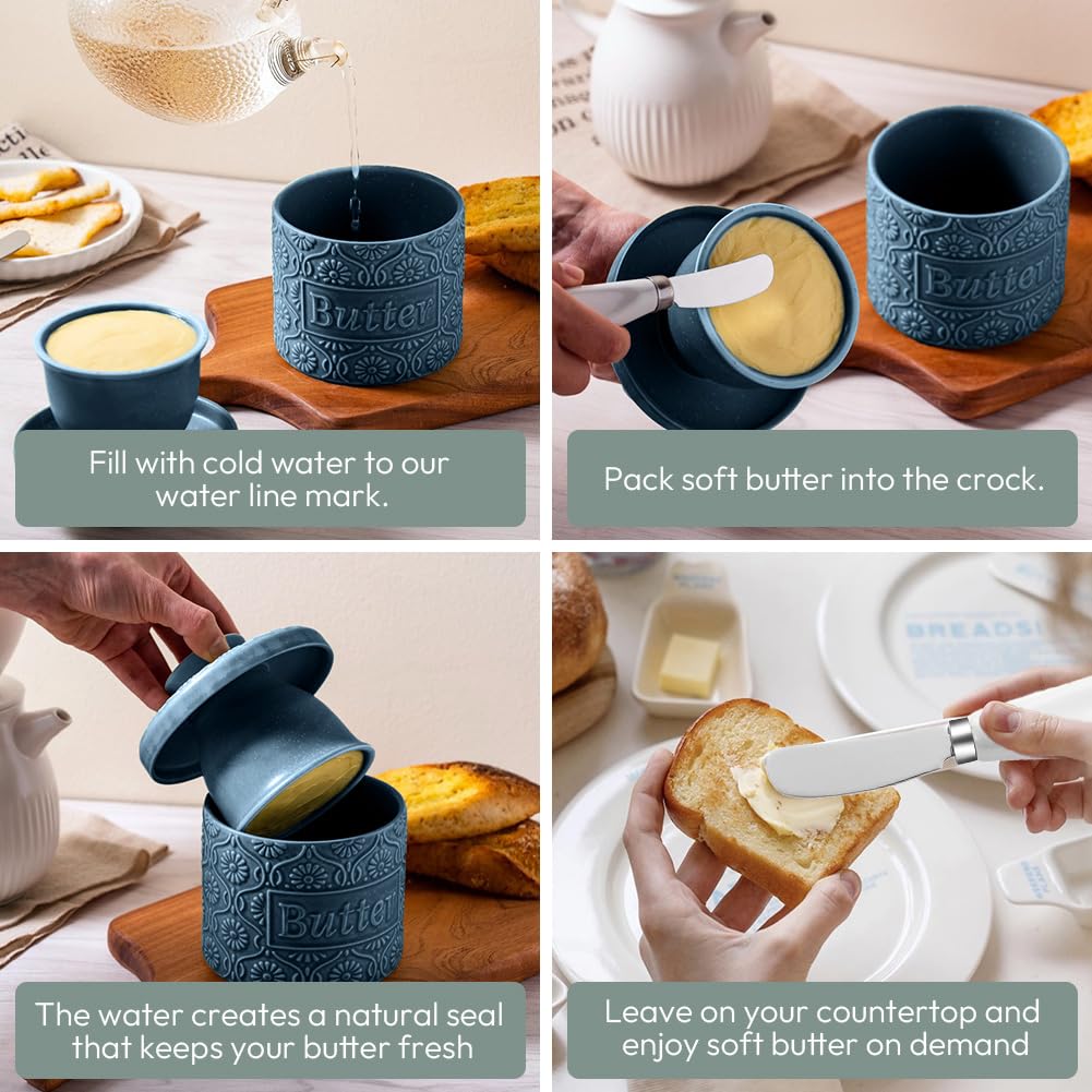 Burriera francese con linea di galleggiamento, campana per burro raffreddata ad acqua in ceramica, in porcellana con coperchio, vaso per burro per freschezza e carezza, contenitore per burro per