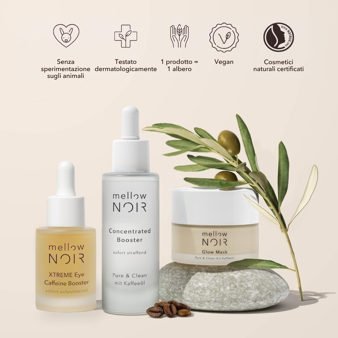 mellow NOIR XTREME Eye Caffeine Booster 15ml - EFFETTO RIMPOLPANTE IMMEDIATO – Siero contorno occhi alla caffeina per occhi stanchi e gonfi – combatte occhiaie e borse – Vegano – Cosmetici naturale