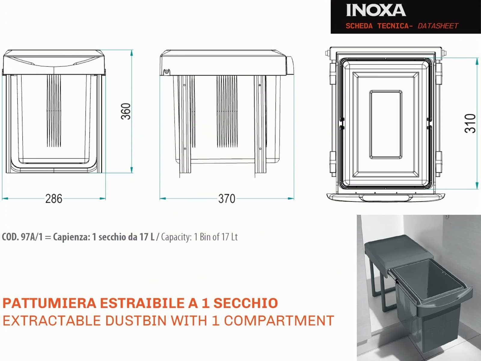 Pattumiera Estraibile Inoxa 97A/1 a 1 Secchio da 17 Lt