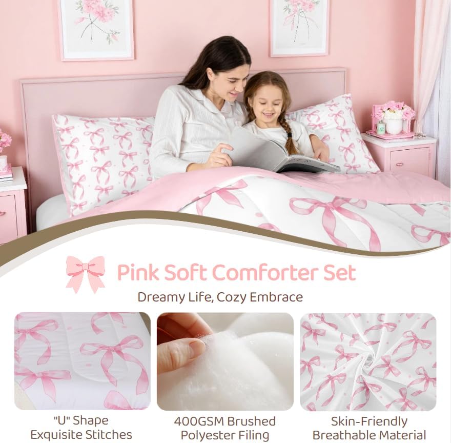 Erosebridal Cute Pink Bow Twin Bedding Set for Girls,Ribbon Bow Knot Comforter Set for Kids Kawaii Room Decor,Princess Bowknot Bed Set Girly Pink Bows Bedding Comforter Sets,1 Pillowcase - Image 4