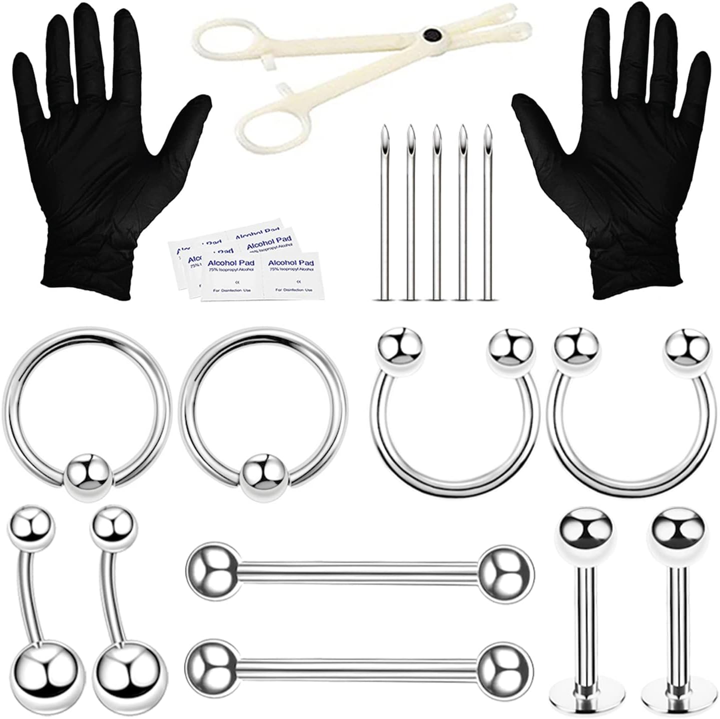 BodyJ4You 20PC PRO Body Piercing Kit - Nose Septum Ear Cartilage Lip Belly Navel Tragus Eyebrow - Surgical Steel 14G 16G BCR CBR Ring Barbell Spike - Tools Needles Gloves Clamps