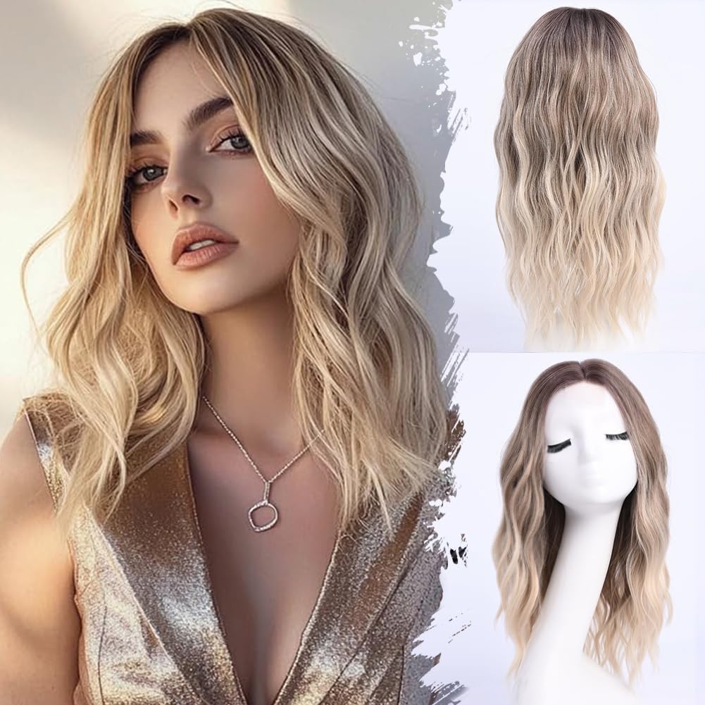 YaissmyLu Medium Length Ombre Blonde Ash Wavy Wigs for Women 18 Inch Middle Part Wavy Blond Wig Natural Looking Dirty Blonde Synthetic Heat Resistant
