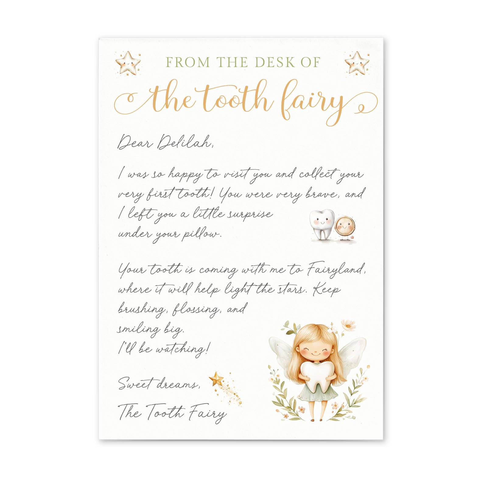 Personalised First Tooth Fairy Visit Certificate, First Letter from Tooth Fairy for Girls, Tooth Fairy First Tooth Certificate, First Tooth Fairy Letter and Envelope, Tooth Fairy Letter First Tooth