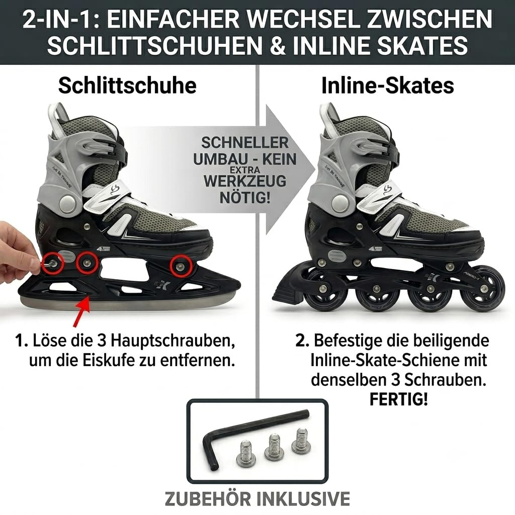 Cox Swain Push 2in1 Inliner & Schlittschuhe - Größenverstellbare Kombi Skates & Eislaufschuhe für Kinder, Mädchen, Jungen, Damen & Herren - Edelstahlkufen, PU-Rollen, ABEC 7, Gr. 29-32 bis 43-46