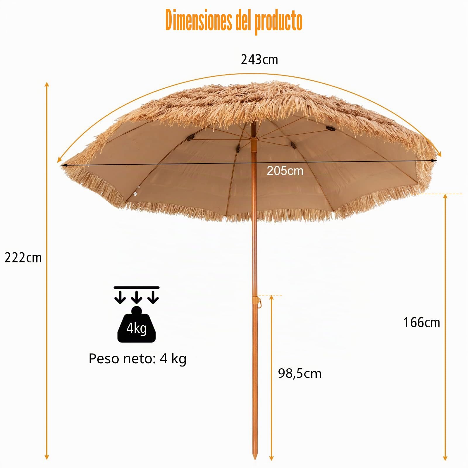 COSTWAY Sombrilla hawaiana, diámetro de 205 cm, sombrilla de paja, sombrilla de jardín, sombrilla de paja, sombrilla de mercado, sombrilla de terraza para jardín, balcón, playa