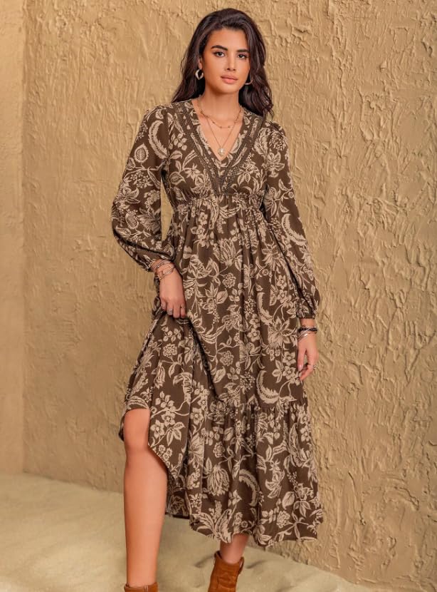 Image of Dress for Women ||Bohemian Brown Print Casual Comfortable Women's Long Sleeve Maxi Dress|| Popular Autumn Apparel Fashion (D-03-05)