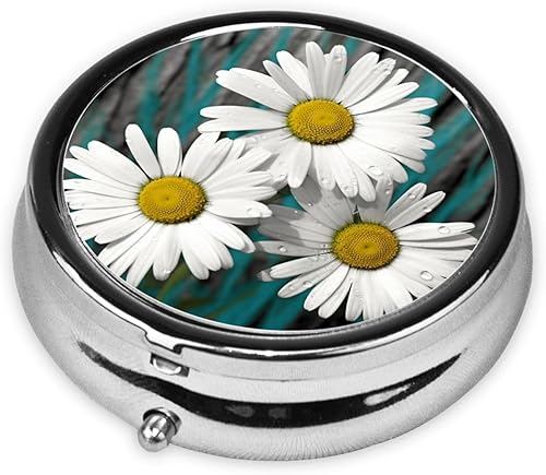 Miniatura 2 de Pastillero redondo con diseño de margaritas y flores, pastillero pequeño con 3 compartimentos para bolsa, contenedor de píldoras portátil para