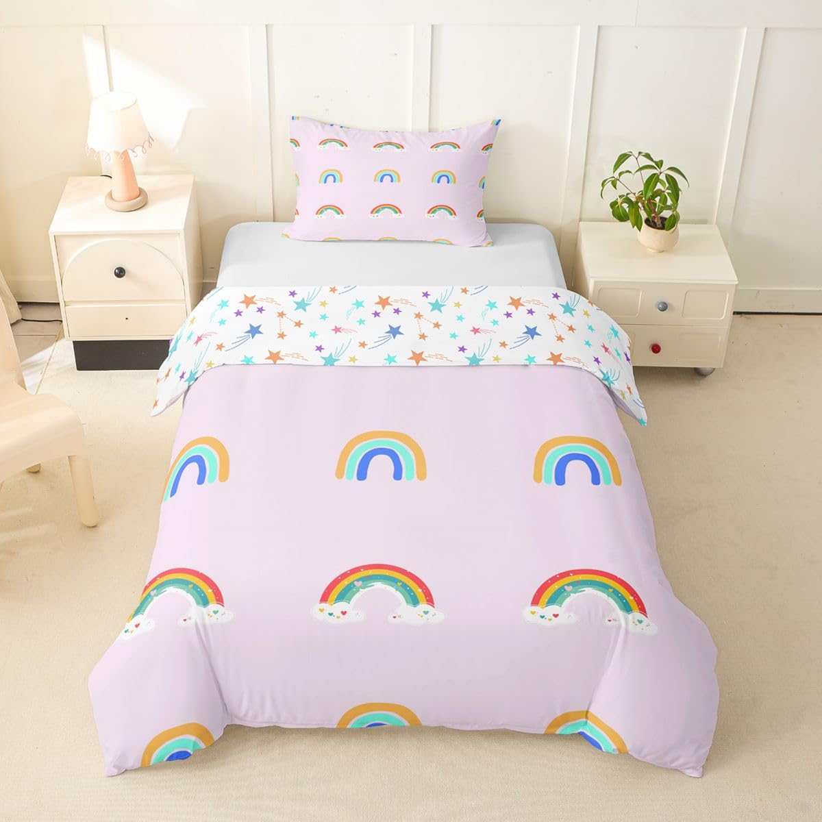 Rainbow Kids Bedding Set Twin Carton Pattern Girls Children Duvet Cover 2 Pieces Soft Microfiber Cute Rainbow Pattern Comforter Cover Set For Boys Girls Teen Reversible Bedding Set With Zipper Ties-image-4