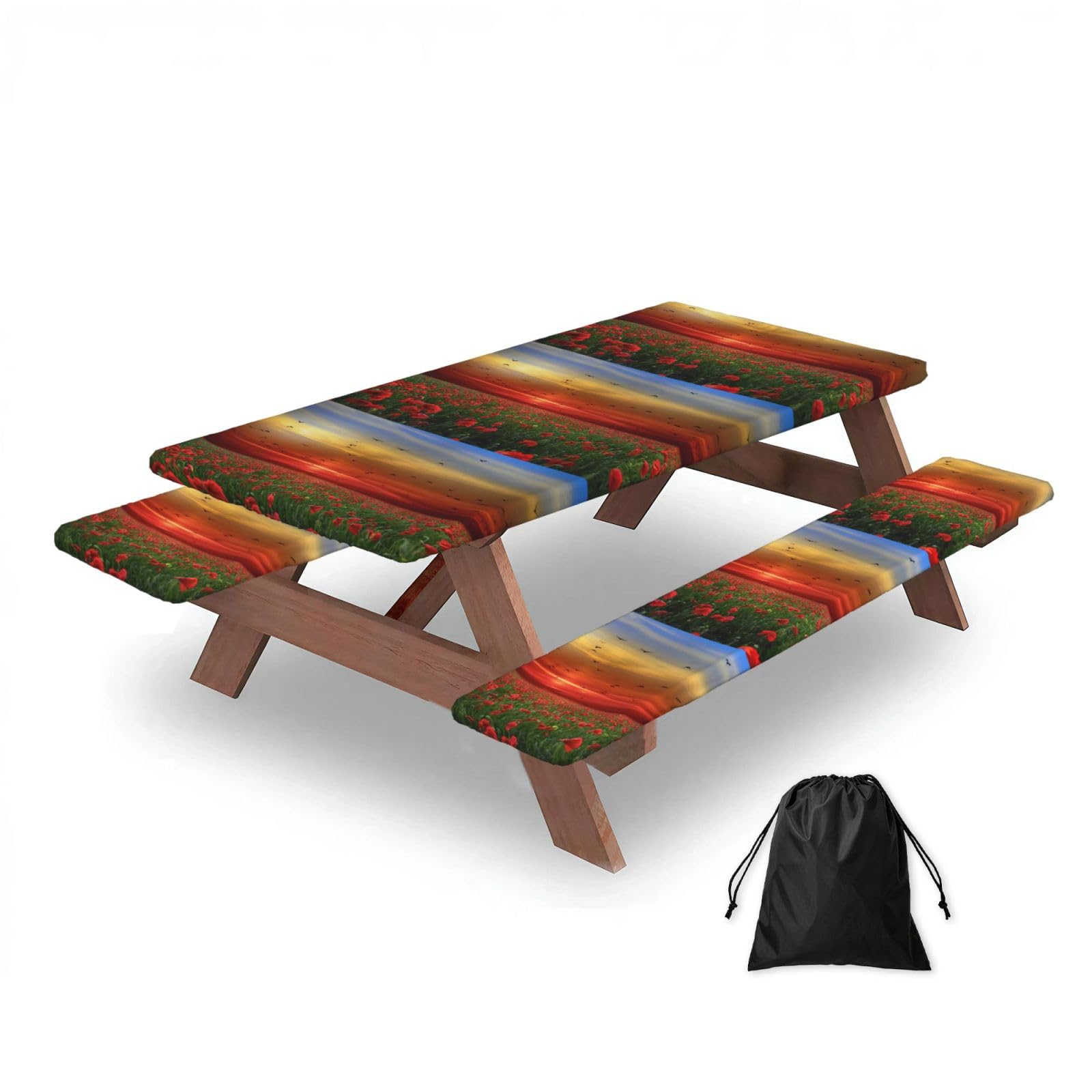 Dopklna As Picture Red Poppy Flower Field In Sunset Printed, Picnic Table Cover With Bench Covers -Waterproof Elastic Fitted Tablecloth For Garden Camping Patio 76X152cm