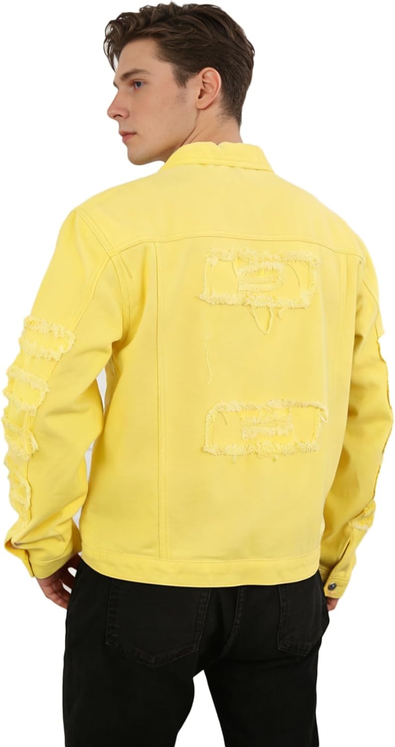 Men's Denim Jacket Patchwork Fringe Jacket Slim Jean Jacket Streetwear Coat