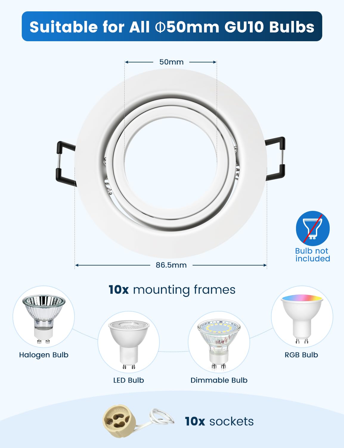 Spot Encastrable GU10 Set, Lot de 10 Cadre Spot LED Encastrable 68mm Blanc, avec Douille GU10, Rond Cadre de Montage Spots de Plafond, Orientable 30° AC 230V, pour LED Lampes Ou Halogènes