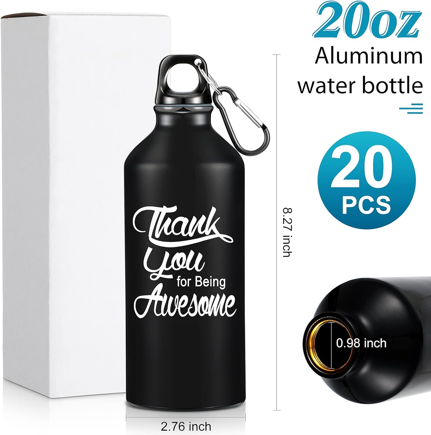 Tanlade 20 Pcs Employee Appreciation Gifts for Social Worker 20oz Aluminum Water Bottle Bulk Thank You Being Awesome Leakproof Water Tumbler with Twist Lid and Buckle for Coworker Teacher(Black)