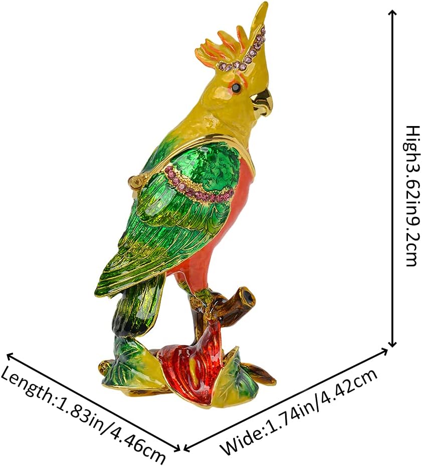 Golden Crystal Enameled Parrot Jewelry Box, Hand-Painted Hinged Cockatoo Trinket Box, Mini Home Décor & Gift for Bird Lovers