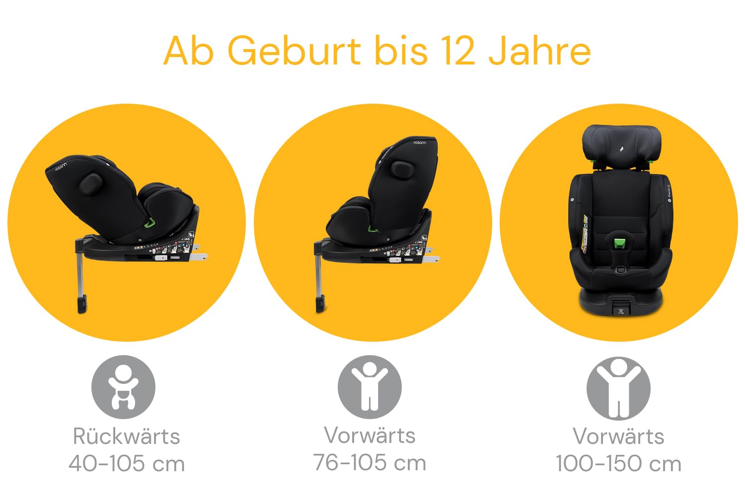 Osann One360 SL i-Size, seggiolino per bambini girevole a 360 gradi con Isofix + base, da 40 – 150 cm, seggiolino auto – All Black