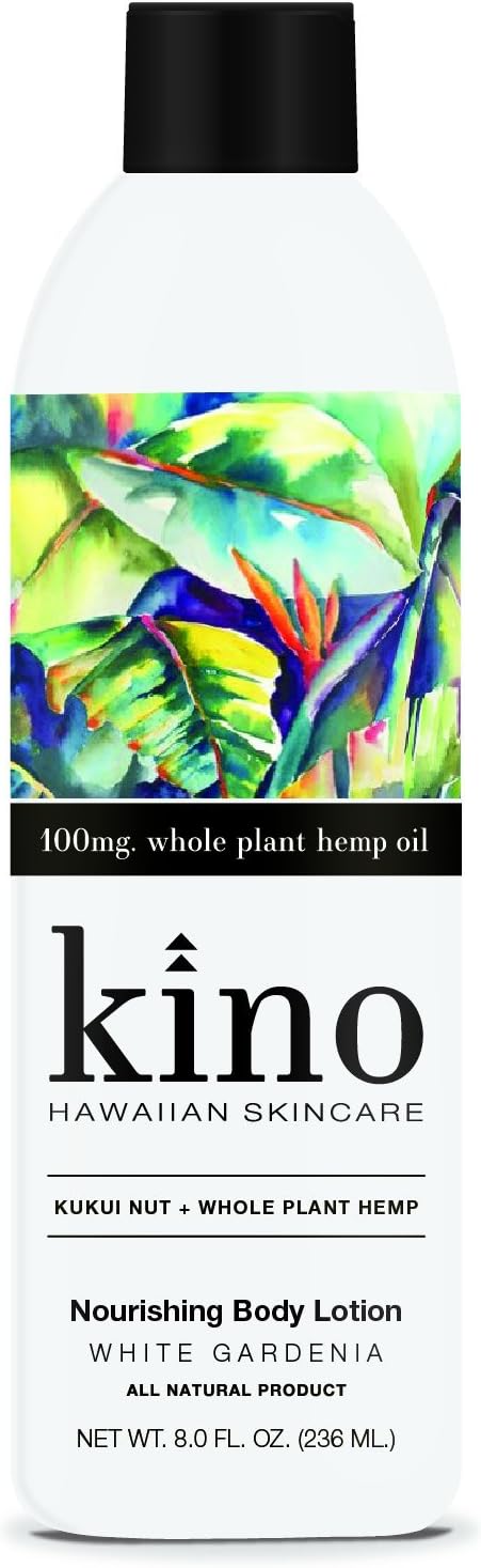 Kino Hawaiian Skincare Body Lotion, Kukui Nut and Whole Plant Hemp, White Gardenia, 8 oz.