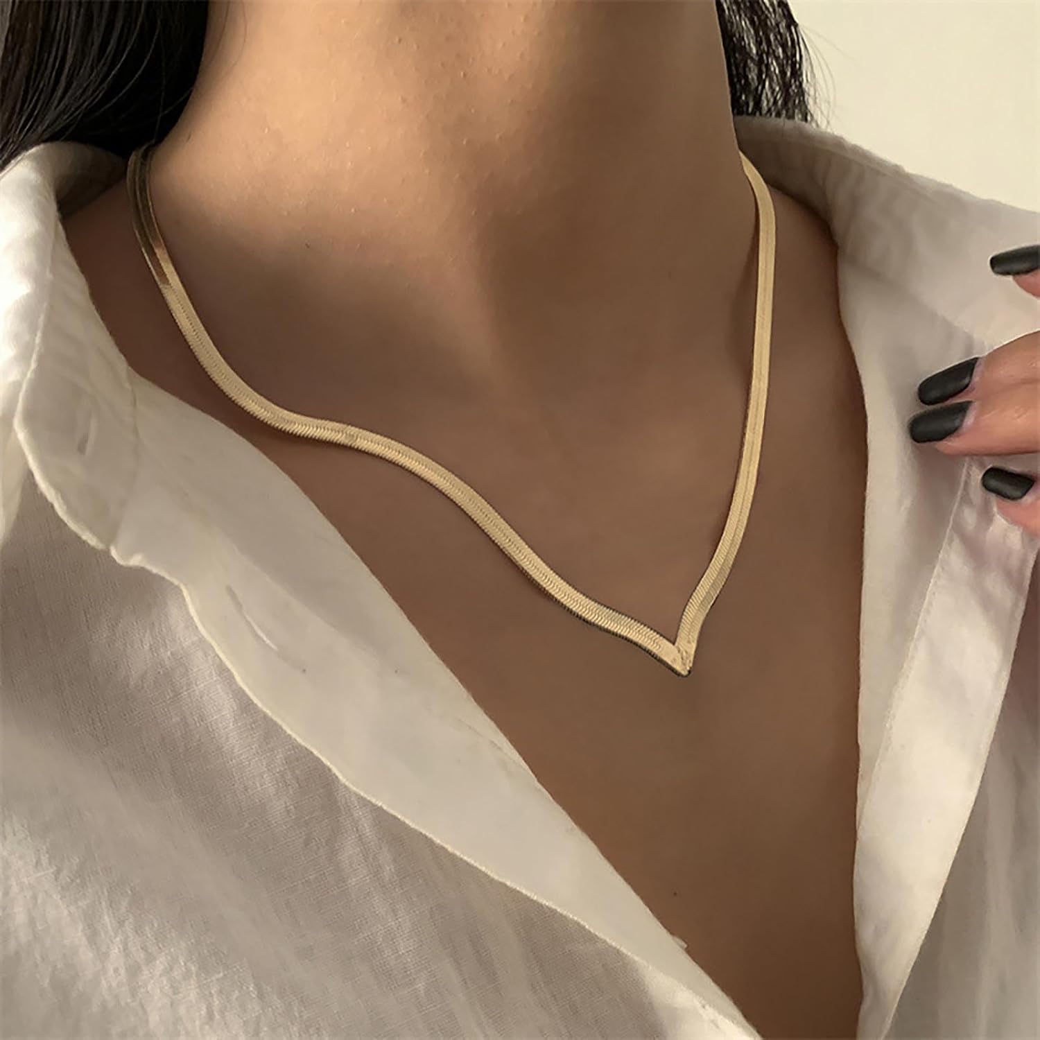 Herringbone Necklace Choker Gold Flat Snake Chain V-Shaped Minimalist Short Collar Jewelry for Women and Girls - Image 2