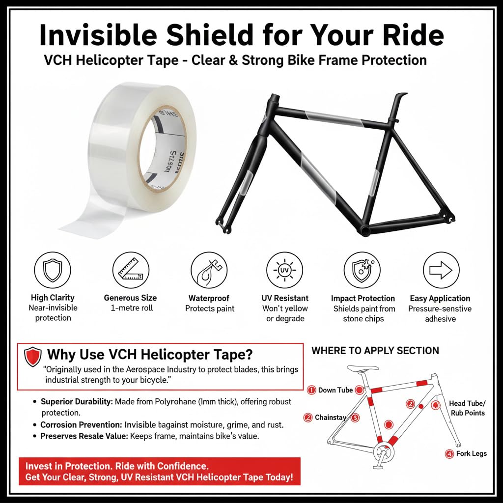 VCH Film de protection solide et transparent pour cadre de vélo – Rouleau de 7,5 cm x 100 cm | Ruban adhésif hélicoptère 8671HS | Ruban de protection robuste pour pédaliers, câbles et cadre d'usure