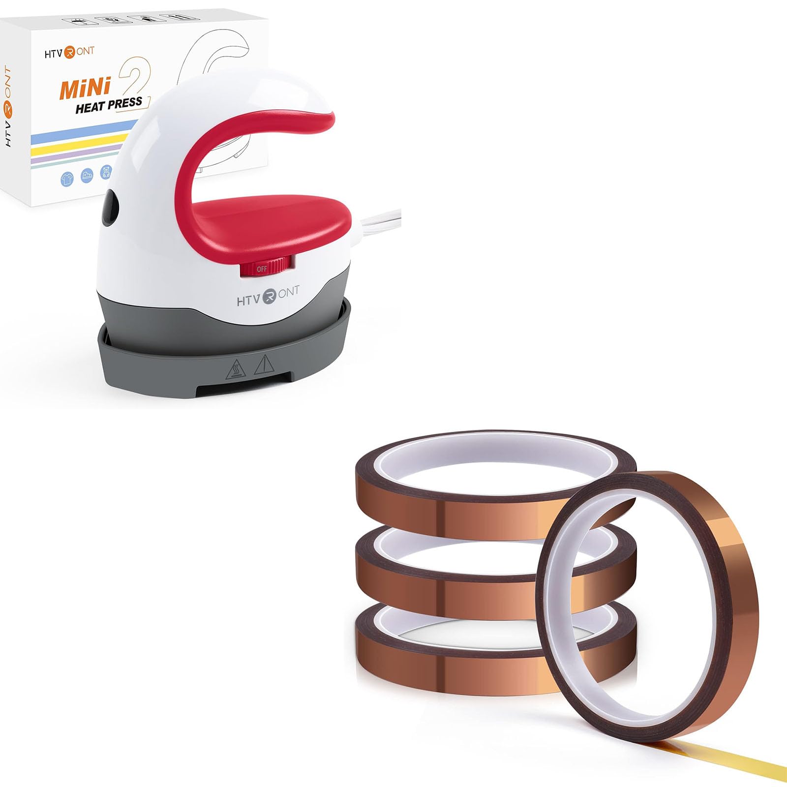 Mini Heat Press Machine - for DIY Heat Transfer Machine with Insulated Safety Base + HTVRONT Heat Resistant Tape - Heat Tape Sublimation 4 Rolls Heat Transfer Tape