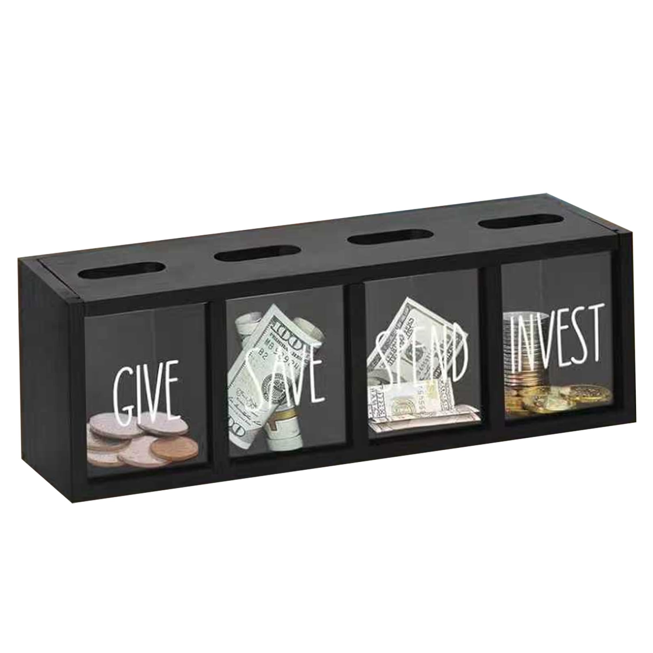 Monwssoe Money Banks, Save Spend Give Bank For Kids, Wooden Piggy Bank With 4 Compartments, Transparent Wall-mount Savings Box with Magnetic Lid, Black