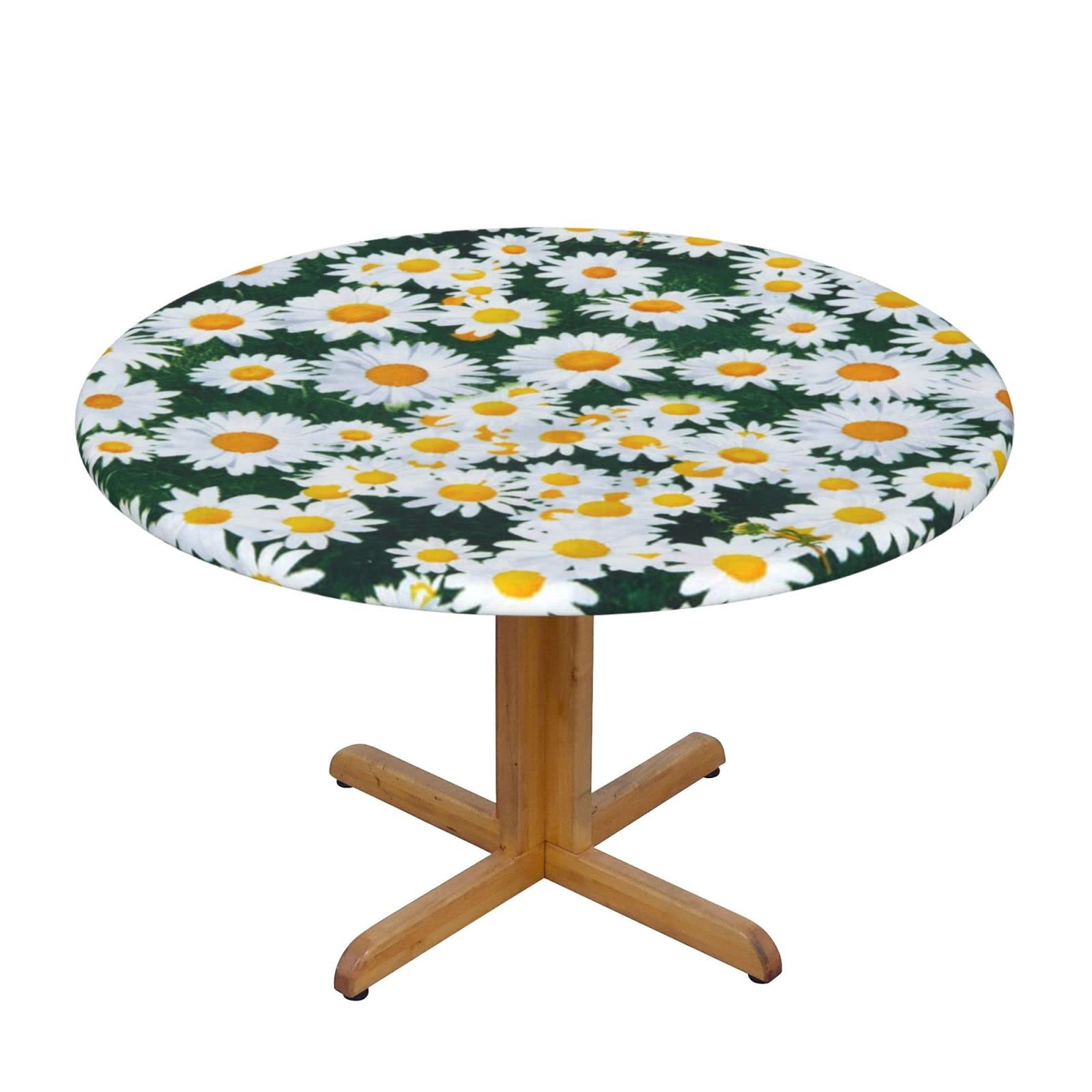 Lsjuee Round Fitted Tablecloth 40-44in Elastic Edged Table Cloth for Kitchen Dining Party Home Decor - Daisies White