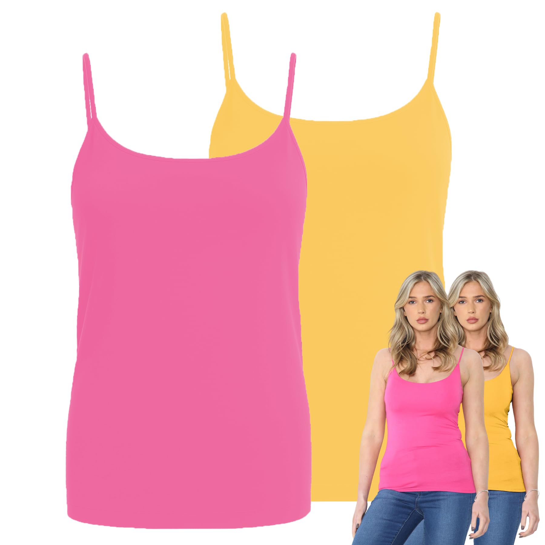 Hamishkane Women's Cerise - Mustard Hamishkane® Plain Bodycon Cami Strappy Sleeveless Tank Tops, Pack Of 2 Slim Fitted Scoop Neck Vest Tops Uk, Stretchy Gym Wear, Casual Summer Cami Top