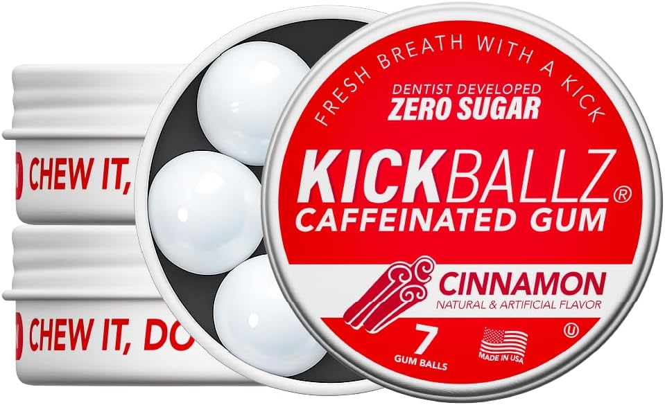 Cinnamon Caffeinated Energy Gum | 110mg Quick-Release Caffeine per Piece | Sugar-Free, Low-Calorie, Gluten-Free, Keto | Spicy Pre-Workout Coffee Replacement | 3 Tins, 21 Chews Total