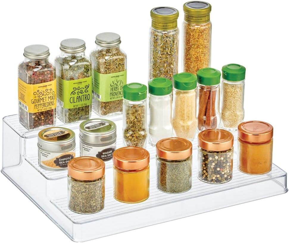 mDesign Plastic Kitchen Spice Bottle Rack Holder, Food Storage Organizer for Cabinet, Cupboard, Pantry, Shelf - Holds Spices, Mason Jars, Baking Supplies, Canned Food - 3 Level Storage - Clear