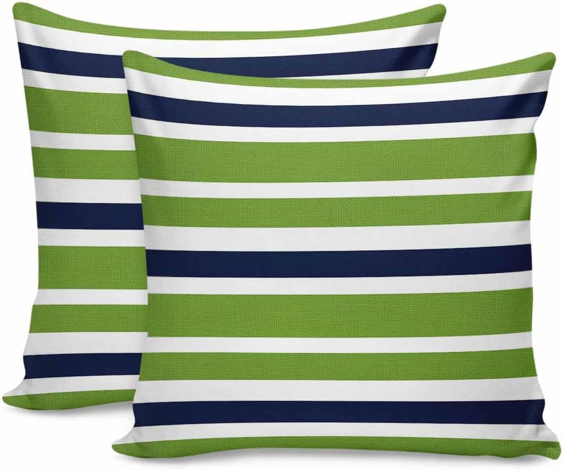 Chic D Green Navy Blue Stripes Decorations Pillow Covers 18x18 Set of 2, Cotton Linen Reversible Throw Pillows Covers for Outdoor Couch Sofa Living Room Line Pattern Couch Pillows Cushion Cover