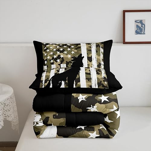 Miniatura 7 de Erosebridal Howling Wolf Bedding - Juego de edredón de camuflaje militar, tamaño King, diseño de bandera estadounidense, edredón de plumón de