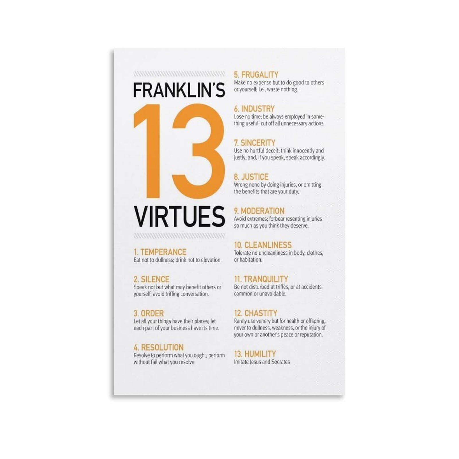 KCDFDVJFBM A Framework for Ethical Living Poster - The Thirteen Virtues (Franklin-Inspired), Inspirational Canvas Wall-Art for Daily Reflection & Motivation(Unframed,08x12inch(20x30cm))
