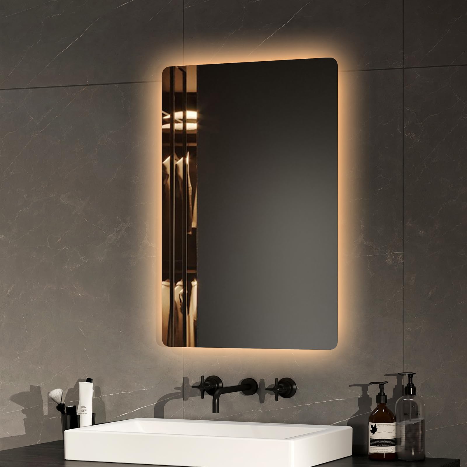 EMKE Espejo de baño retroiluminación LED 60 x 40 cm, Espejo de baño con luz, Interruptor mecánico y antivaho, Dos Colores de luz Blanca y luz cálida