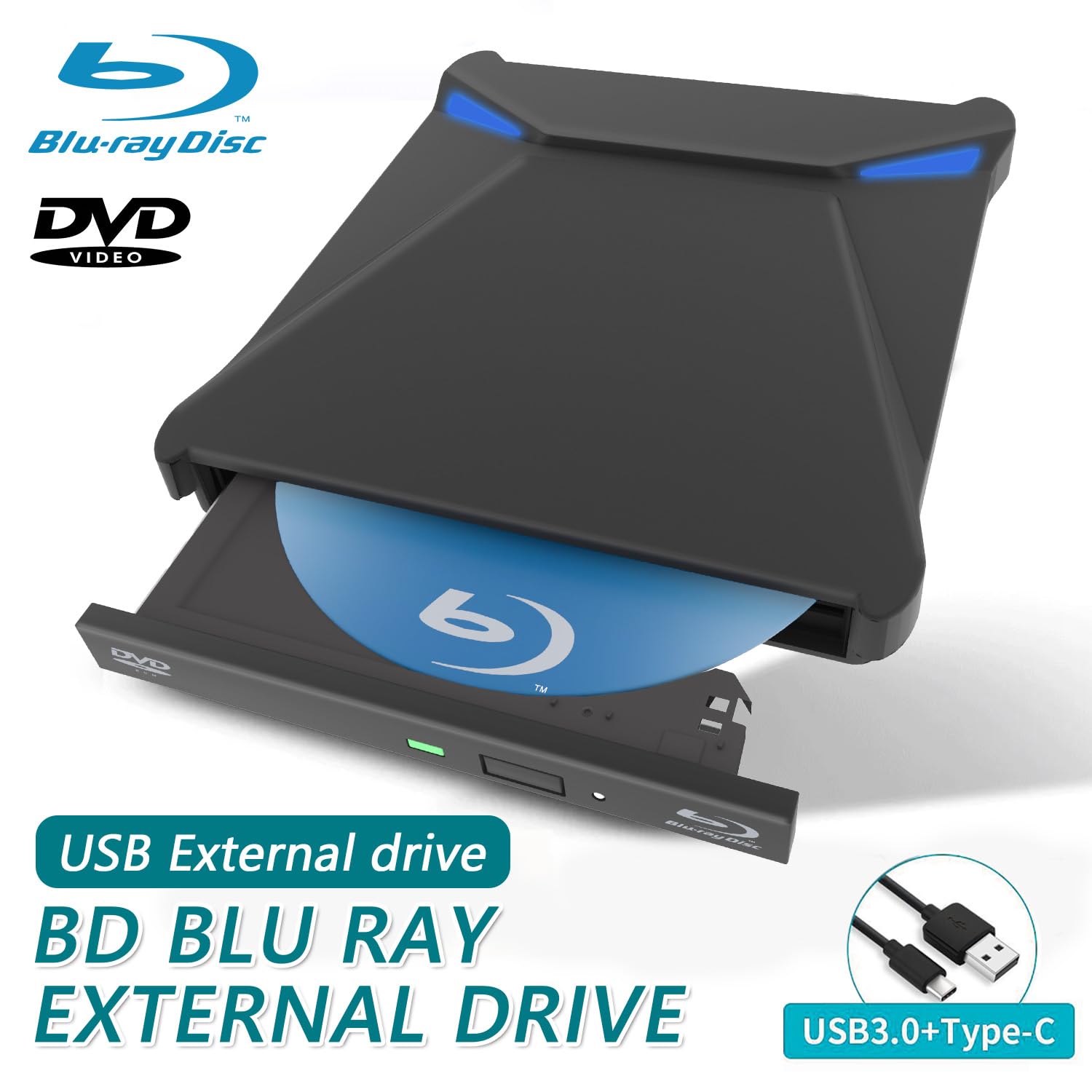 Lecteur Blu-Ray Externe, Lecteur Blu Ray Externe Portable USB 3.0 et Type-C Lecteur Blu Ray 3D BD Lecteur CD DVD Drive Player, Slim Optical Bluray Drive Reader pour Windows XP/7/8/10