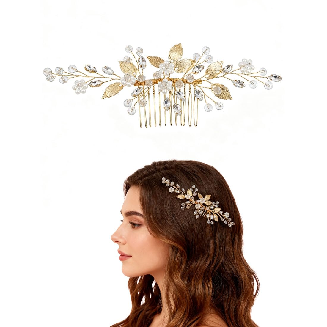 Adorno Capilar de Hojas, Adorno de Pelo de Novia para Boda con Horquillas, Flores y Hojas con Perlas y Cristal, Peine de Pelo en Oro, Peine de Novia Elegante Hecho a Mano/Pinza para Mujeres