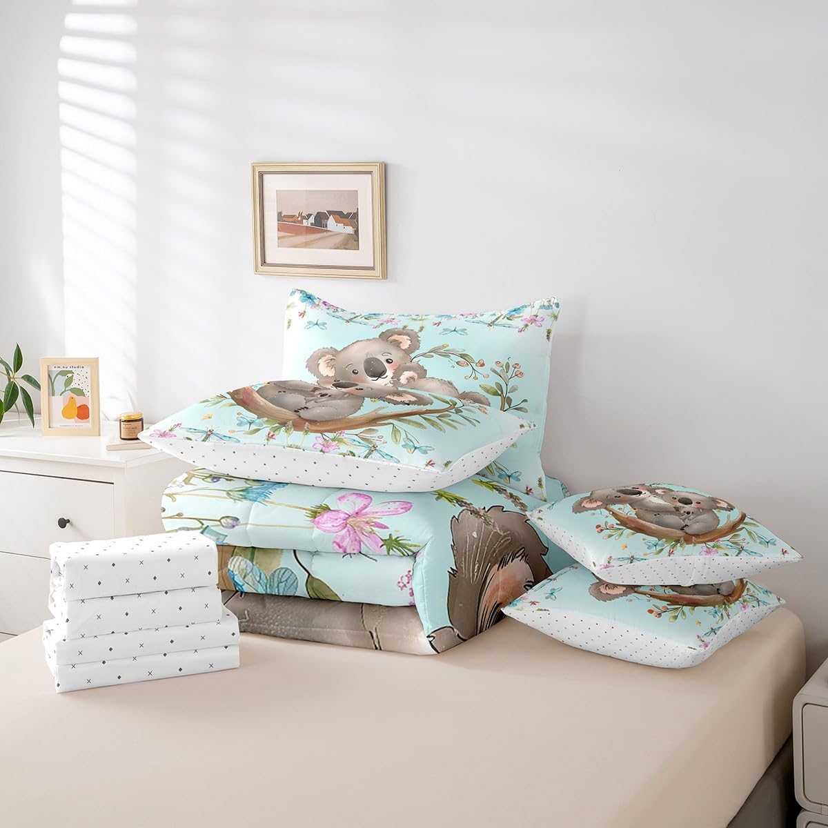Feelyou Kids Koala Queen Comforter Set with Sheets Cute Koala 7 Pieces Bedding Set Boys Girls Tropical Leaves Bed in a Bag with Comforter, Sheets, Pillowcases & Cushion Cover Wild Animals Bed Set