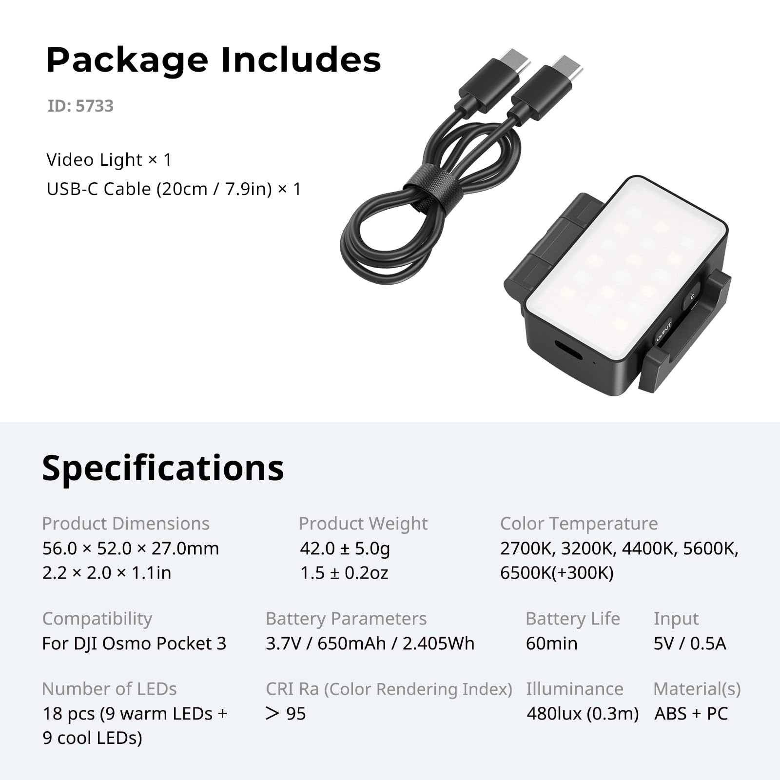 SMALLRIG Bi-Color LED-Videoleuchte für DJI Osmo Pocket 4/3, Mini-Videoleuchte 650mAh Akku, CCT-Modus 2700K-6500K, 360°-Einstellungen, für Selfie-Vlog-Aufnahmen, Content-Ersteller Fotografen - 5733