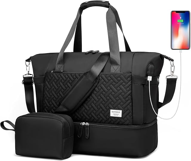 Travel Duffel Bag for Women, Gym Tote Bag with Shoe Compartment & Wet Pocket, Lightweight Holdall Luggage Bag, Weekend Bag with Trolley Sleeve for Vacation, Dance (Black)
