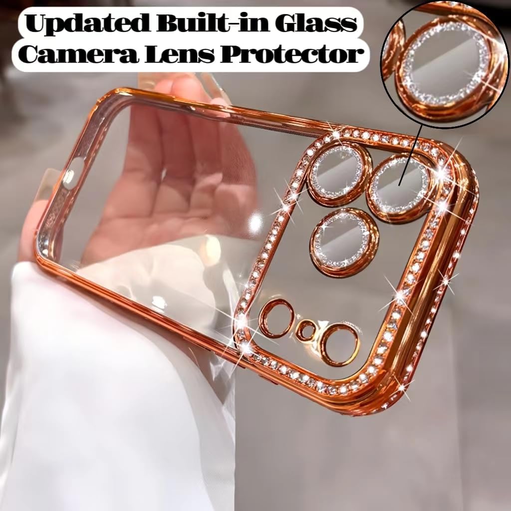 for iPhone 17 Pro Max Case Clear Glitter, Orange, Cute Luxury 3D Sparkly Bling Diamond Rhinestone Camera Lens Protector Soft Plating TPU Bumper Transparent Women Girls Phone Case for iPhone 17 Pro Max